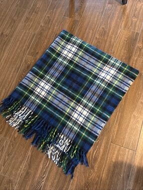Vintage Wool Plaid Blanket by Faribault in Classic Blue Plaid Throw with Fringe